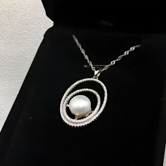 Natural Freshwater Pearl Necklace Pendant Double Layer Circle Zircon Silver NWT - Picture 3 of 11